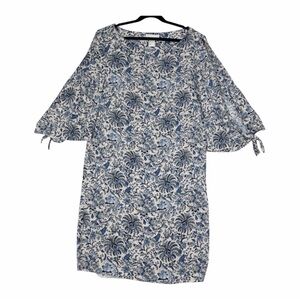 H&M Blue and Cream Floral Fabric Dress Y2K Cold Shoulder Sleeves size 6